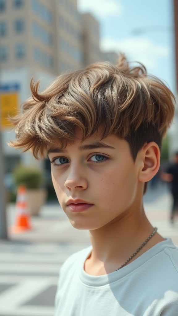 A boy with a textured crop haircut, featuring tousled light brown hair and a casual look.