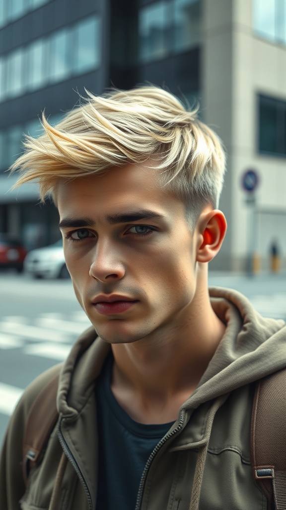 A young man with a textured crop hairstyle featuring blonde highlights, wearing a hoodie and looking confidently at the camera.