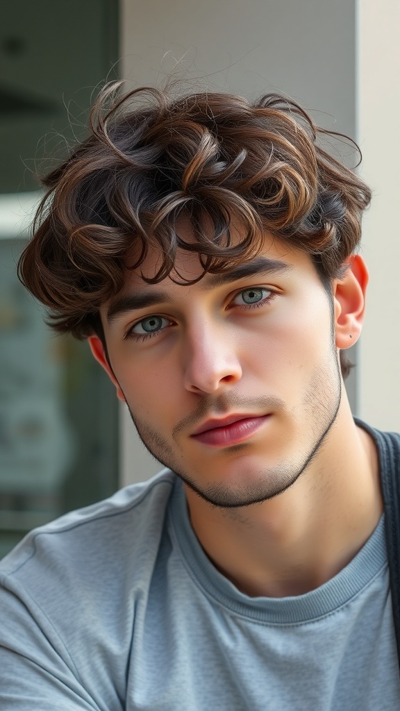 A young man with a textured curly fringe hairstyle, showcasing defined curls and a casual look.