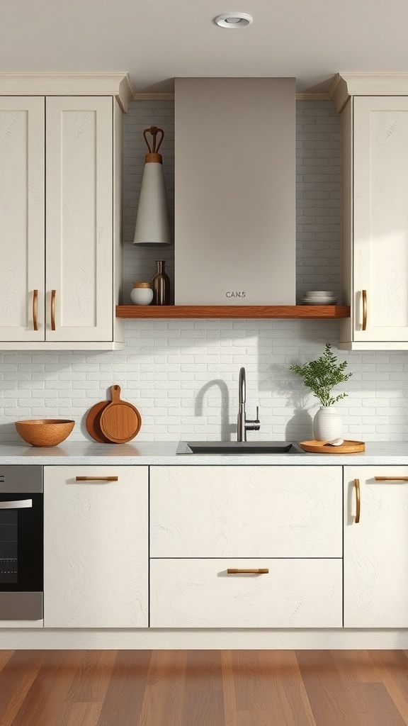 A modern kitchen featuring textured finishes with white cabinets, a brick backsplash, and wooden accessories.