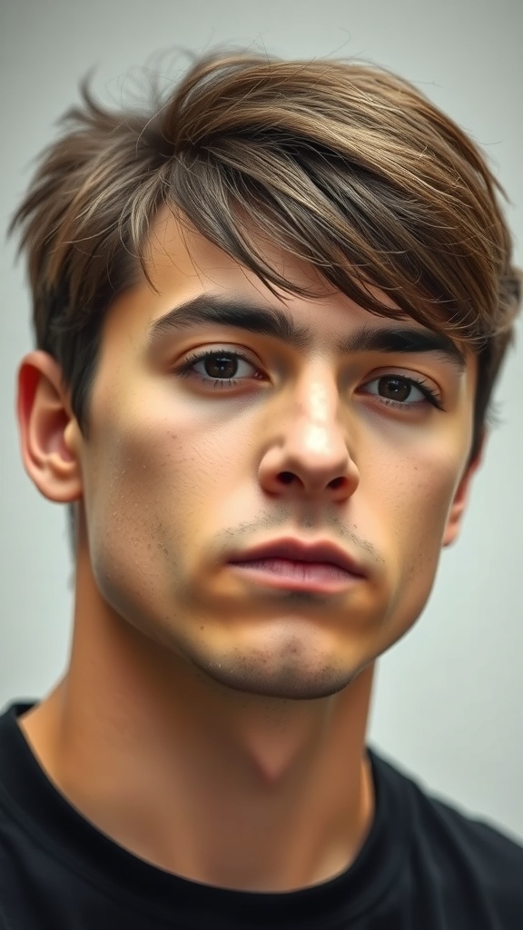 A young man with thick hair styled in a textured fringe, showcasing a casual and stylish look.