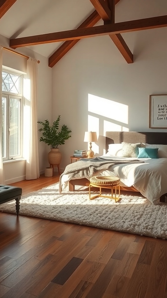 A cozy master bedroom featuring a textured rug, wooden floors, and natural light.