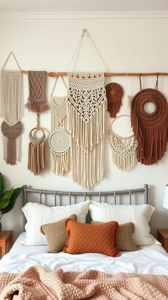 A collection of macrame wall hangings in various textures and colors above a bed.