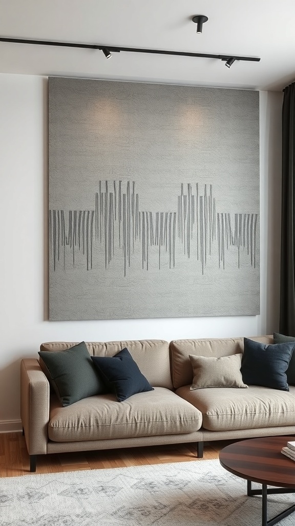 Decorative textured wall panel above a couch with pillows