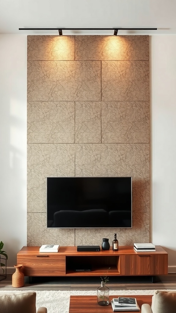 A stylish living room featuring a textured wall panel above a TV, spotlighted by warm lighting.