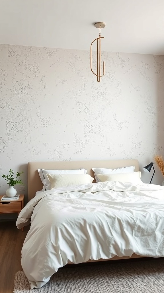 A neutral bedroom with textured wall treatments, featuring a light-colored bed and a modern pendant light.