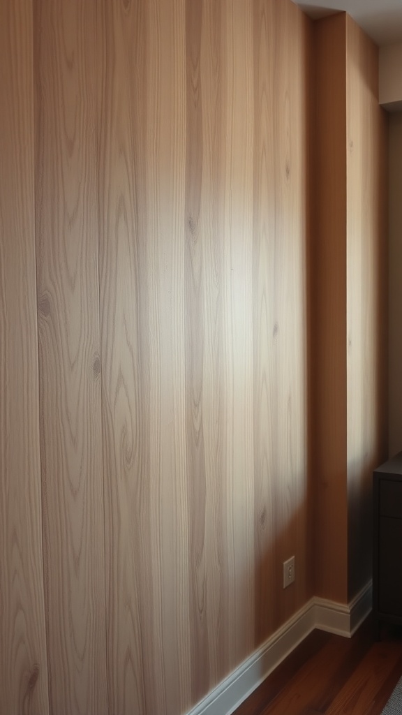 A textured wooden wall in a warm-toned apartment.