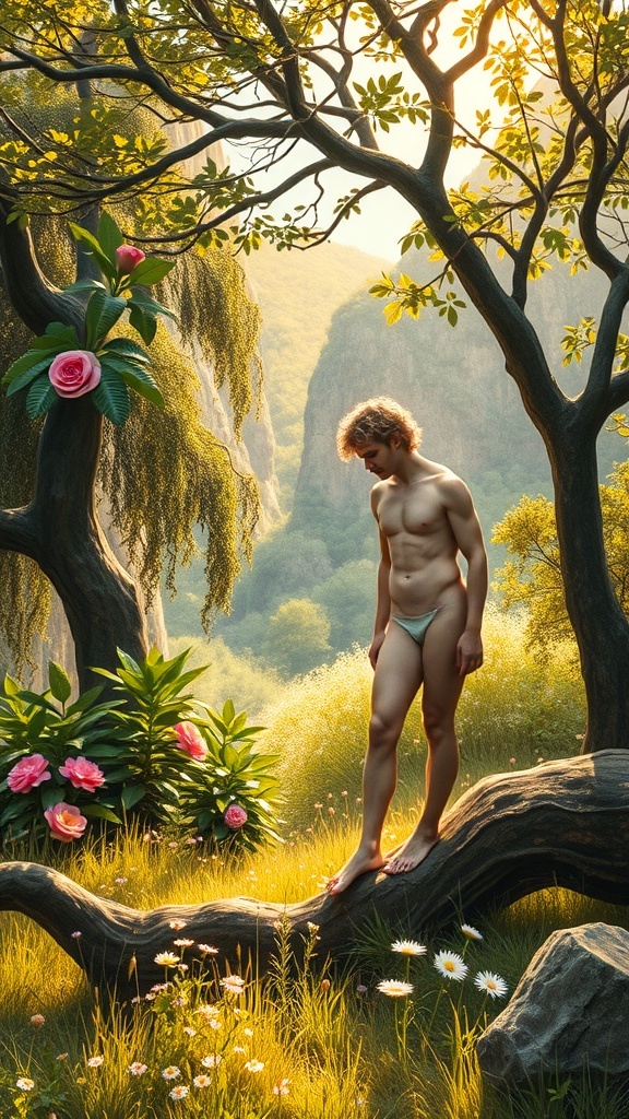 A serene figure in a lush garden surrounded by flowers and sunlight, symbolizing innocence.