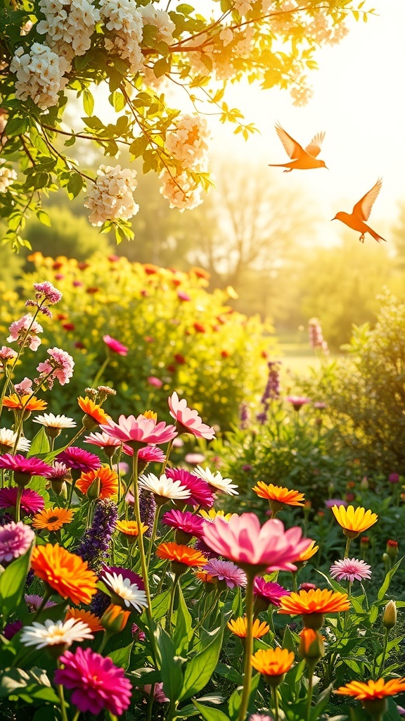 A colorful garden with flowers and birds, symbolizing hope and renewal.