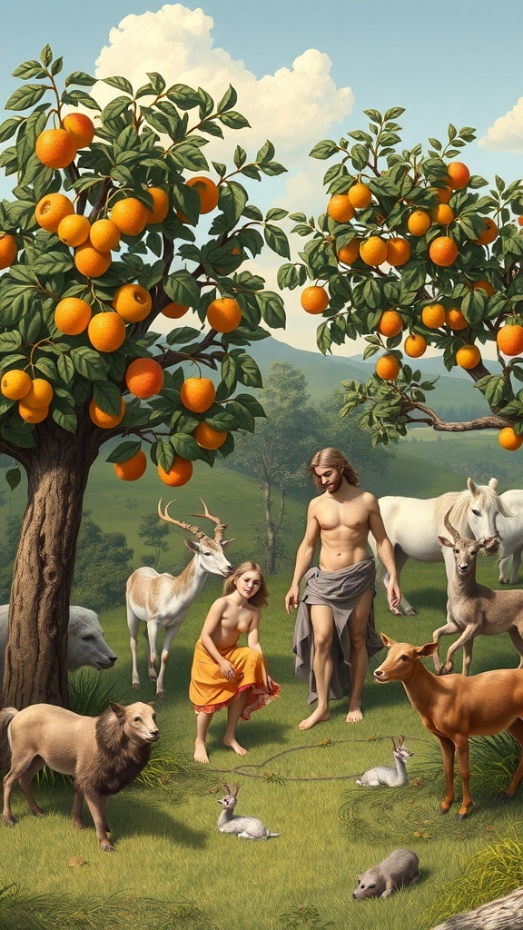 Adam and Eve in the Garden of Eden surrounded by animals and orange trees.