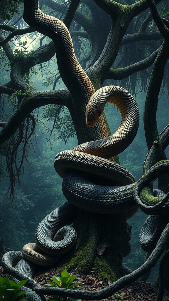 A serpent wrapped around a tree in a dense forest, symbolizing temptation.