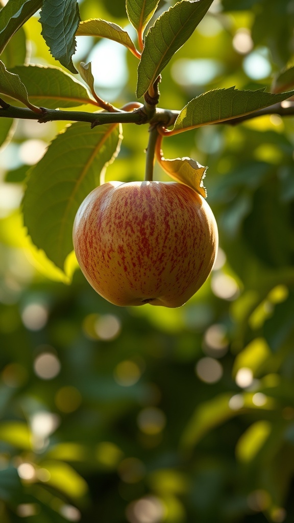 A close-up of a ripe apple hanging from a tree branch surrounded by green leaves.