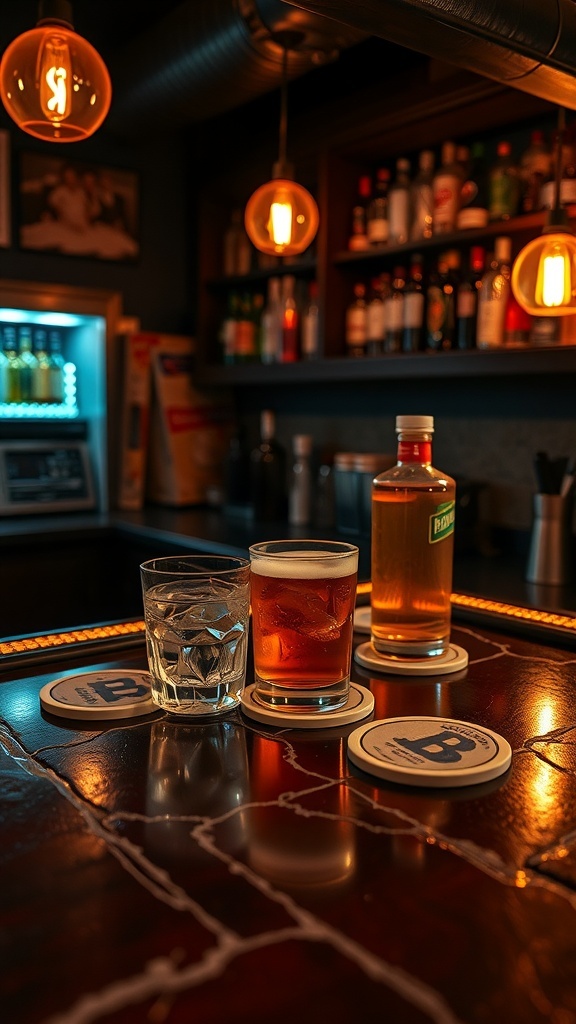 An inviting basement bar with drinks on a polished counter, featuring themed drink coasters.