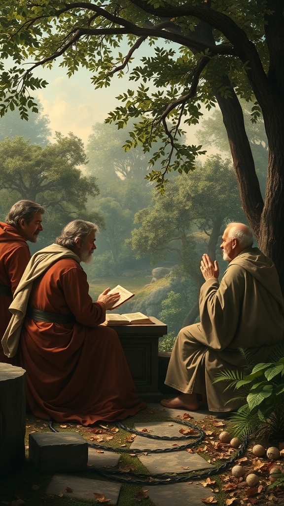 Three figures in a lush garden discussing the significance of Eden.