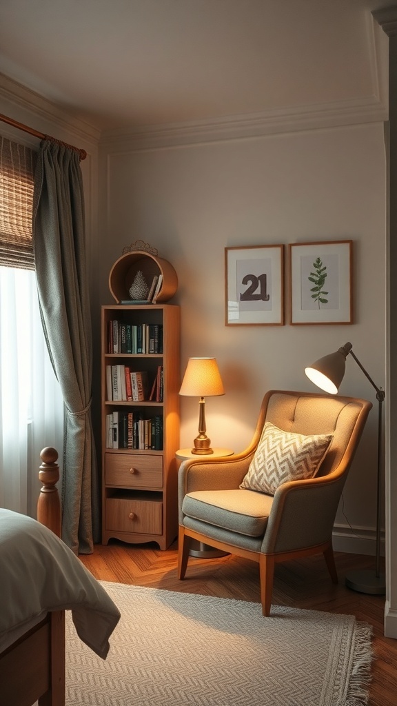 Cozy reading nook in a guest bedroom with a chair, lamp, and bookshelf.
