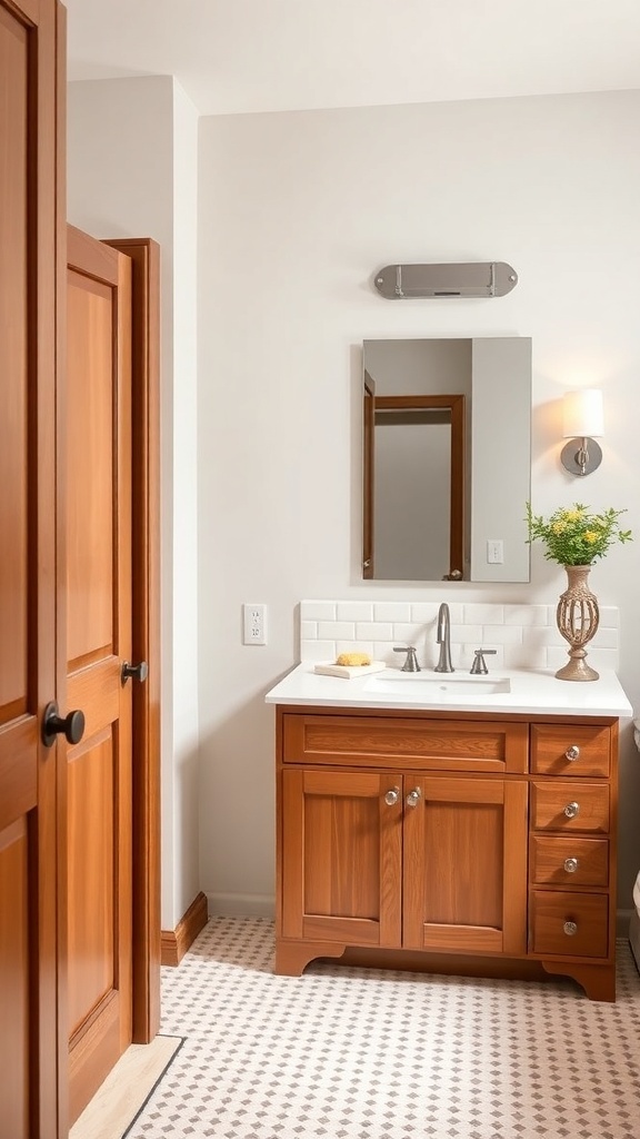 A bathroom featuring Shaker cabinets in warm wood finish with a white countertop and polished hardware.