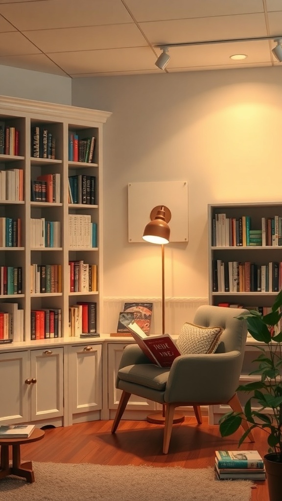 A cozy reading nook with a comfortable chair, bookshelf, and warm lighting.
