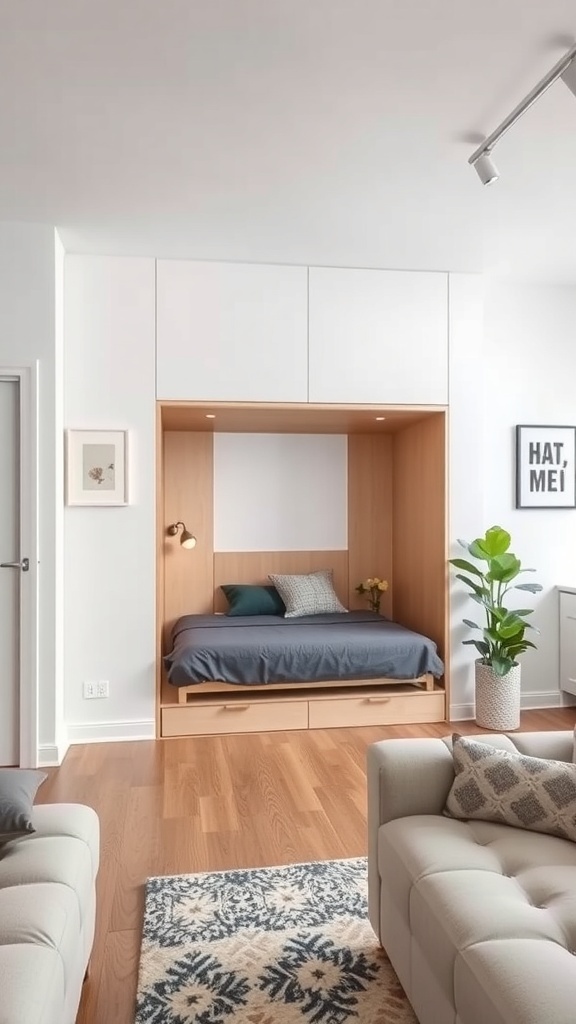 A modern Murphy bed integrated into a stylish wooden frame, showcasing a cozy sleeping area in a small living space.