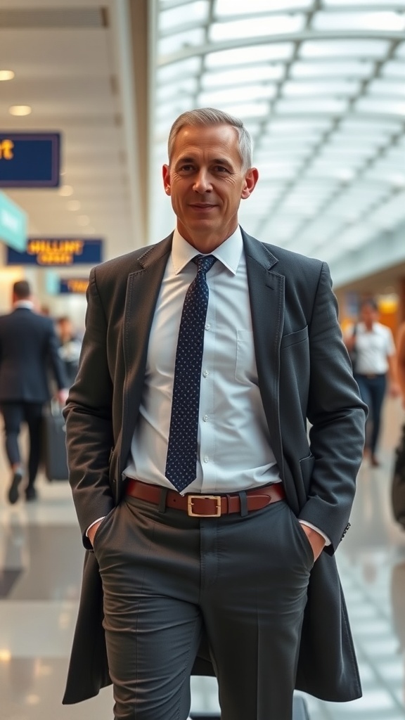 A man in a smart suit standing in an airport, showcasing travel-friendly work attire.