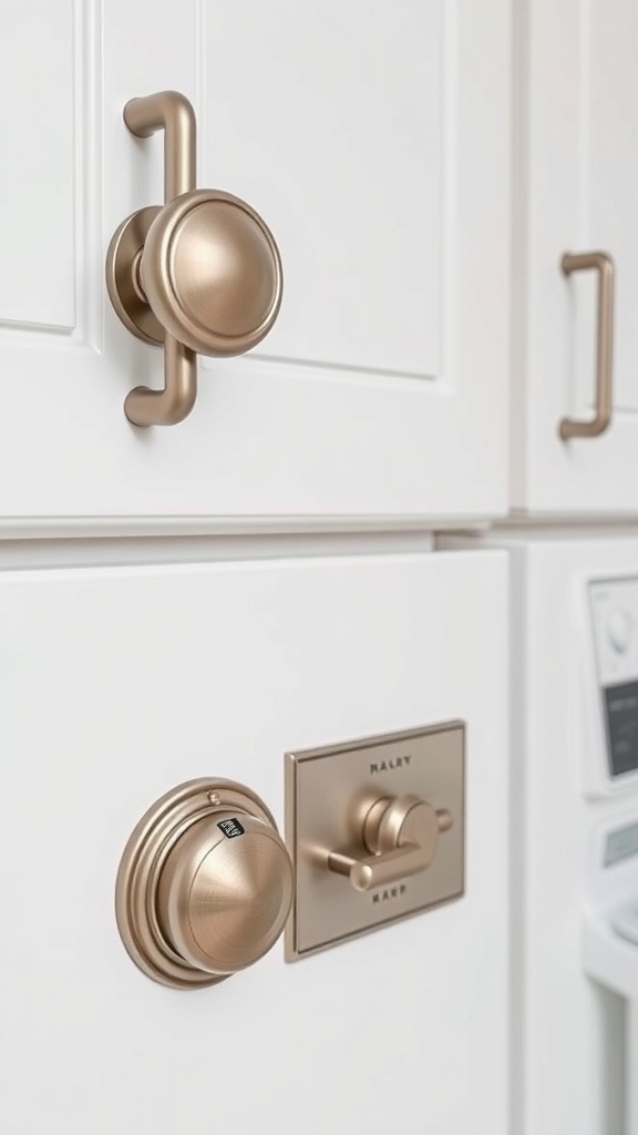 Stylish laundry room cabinet hardware featuring a round knob and elongated handle in a warm metallic finish.