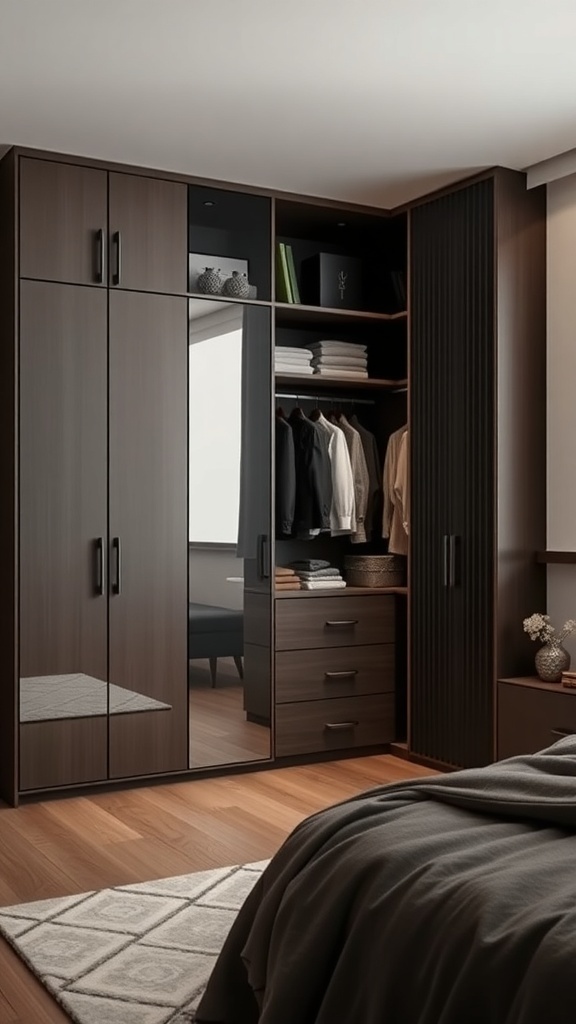 A modern wardrobe with dark wood finish, featuring mirrored doors and open shelving, organized with clothes and accessories.