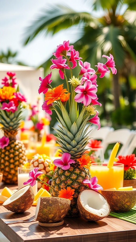 Tropical fruit centerpieces featuring pineapples and coconuts with flowers