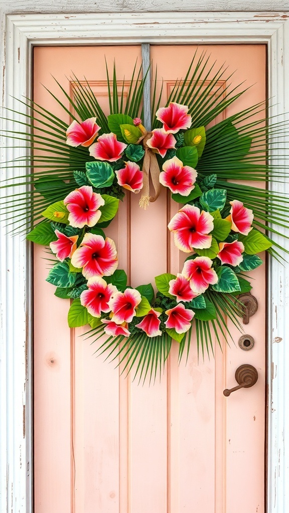 A tropical wreath featuring pink hibiscus flowers and green leaves on a pink door.