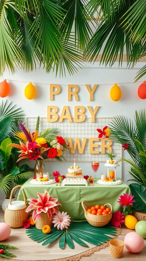 A tropical-themed baby shower setup with vibrant flowers, fruits, and decorations.