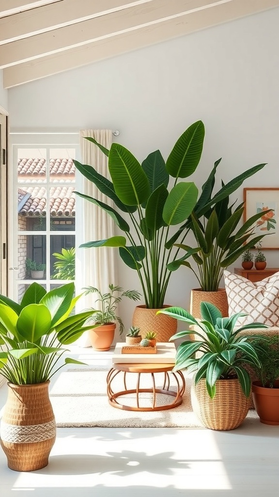 A bright room with various tropical plants in stylish pots, creating a lively and inviting atmosphere.