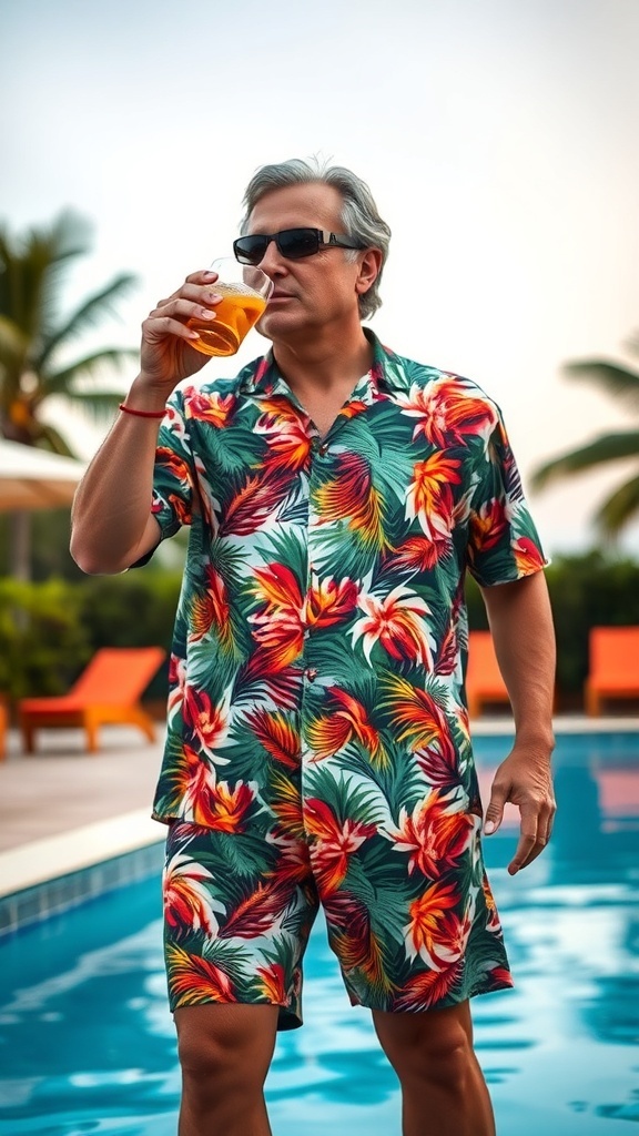 A man wearing a tropical print shirt and shorts, holding a drink by the poolside.