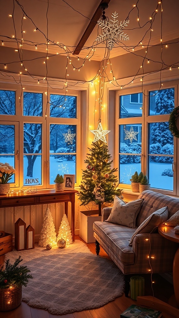 A cozy room decorated with twinkling fairy lights, a small Christmas tree, and snow outside the window.
