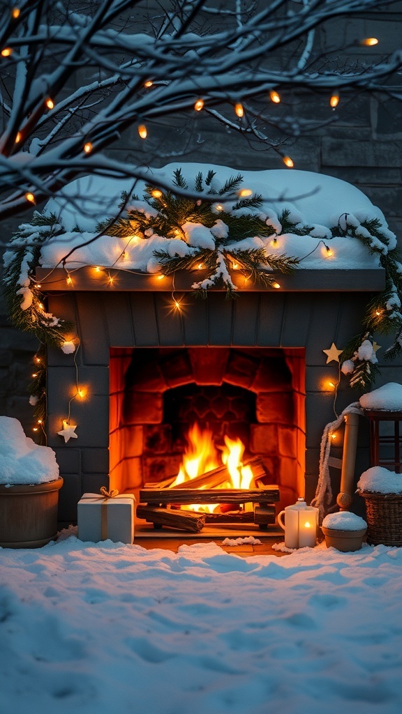 A cozy fireplace surrounded by snow, decorated with twinkling fairy lights and greenery.
