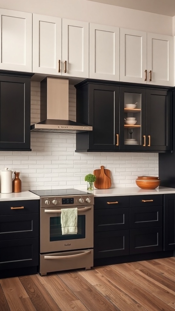A kitchen featuring two-tone cabinetry with black lower cabinets and white upper cabinets, complemented by gold hardware.