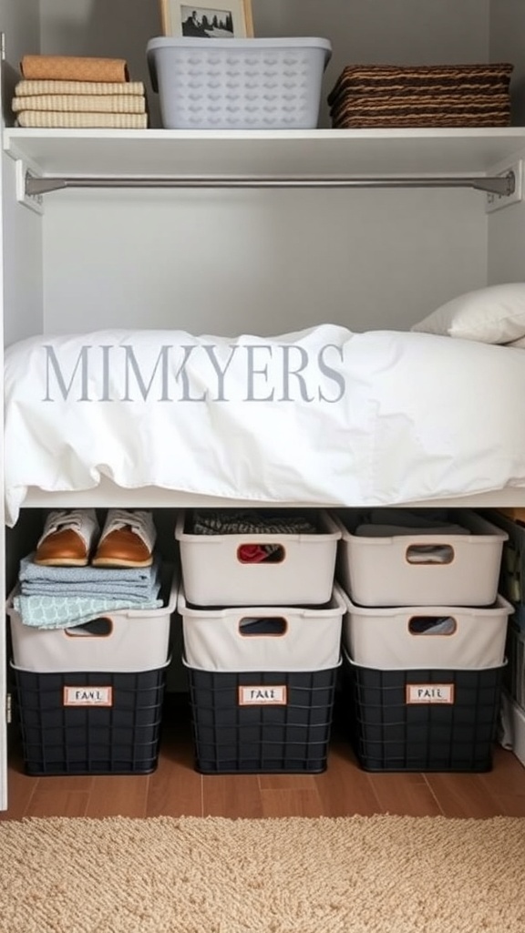 Under-bed storage solution with labeled bins and neatly arranged items
