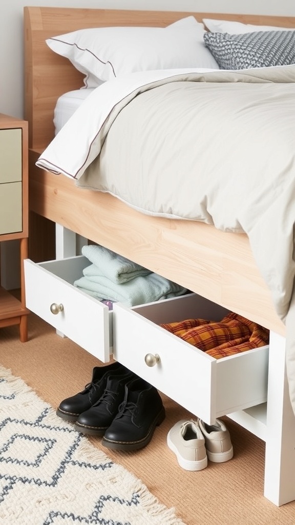 Under-bed storage drawers with neatly organized items and shoes