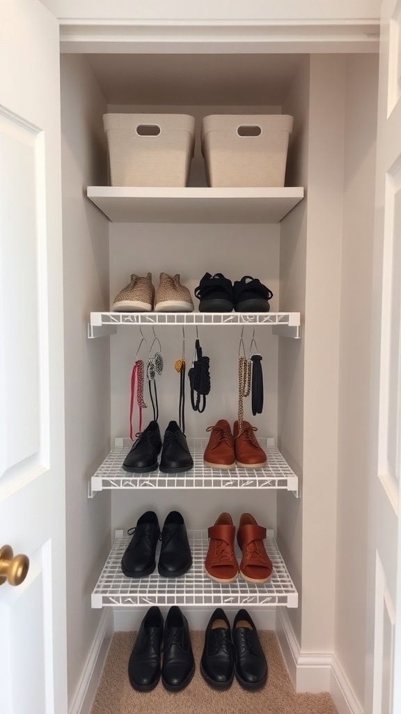 A small closet with organized shelves holding shoes and storage bins.