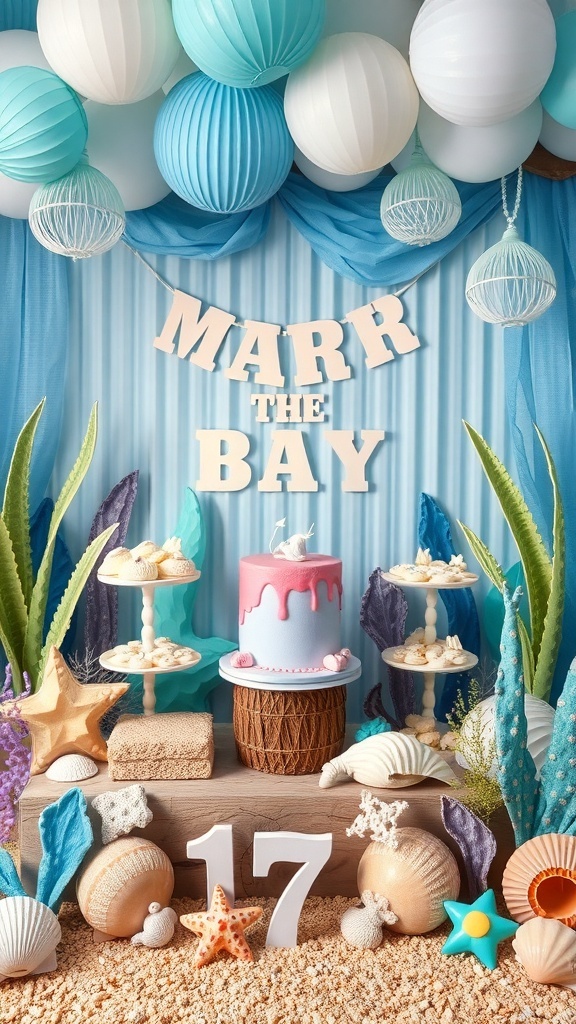 Under the Sea themed baby shower decorations with balloons, a cake, and seashells