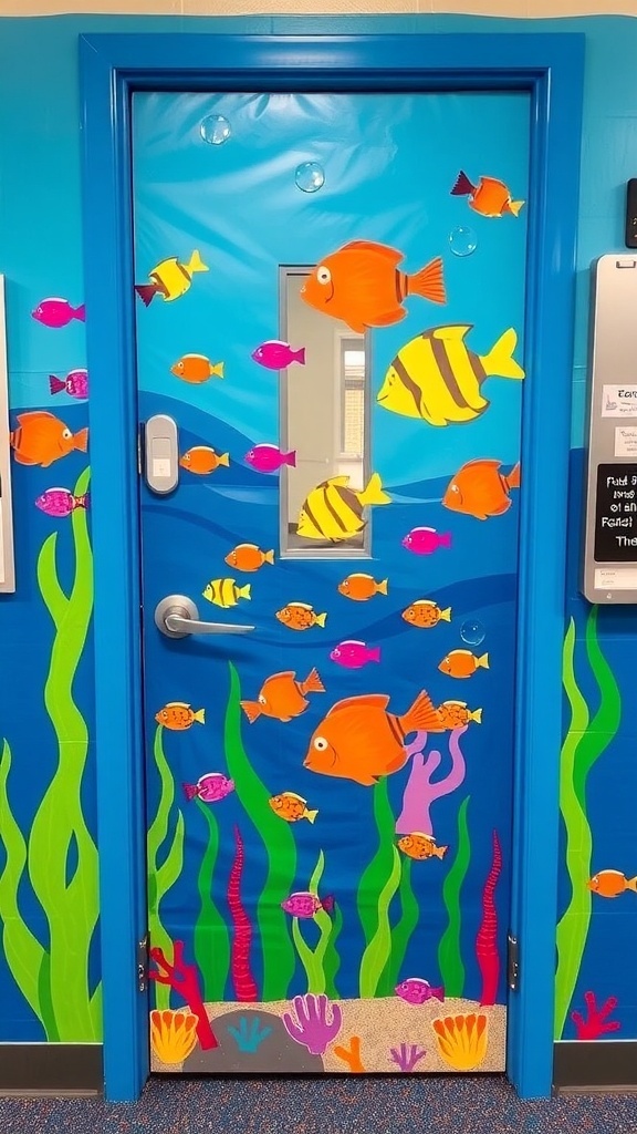 Decorated classroom door with an under the sea theme, featuring colorful fish and seaweed.
