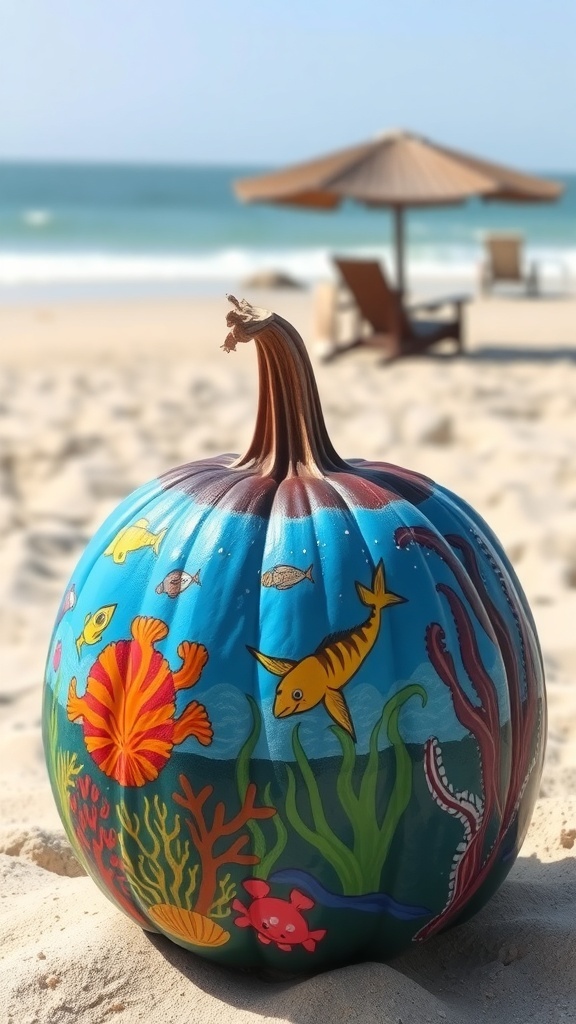 A pumpkin painted with an under the sea theme, featuring colorful fish and coral, set against a beach background.