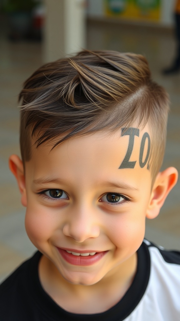 A young boy with an undercut hairstyle featuring a shaved design on the side of his head.