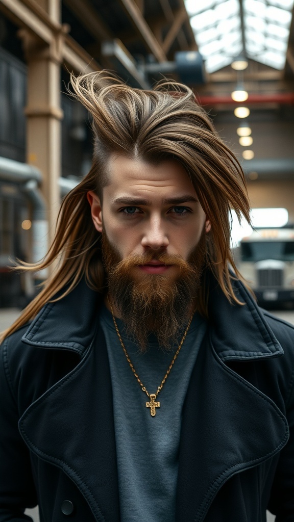 A man with long flowing hair and a beard, showcasing an undercut hairstyle.