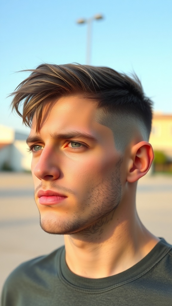 A young man with an undercut hairstyle featuring side swept bangs, showcasing a clean and modern look.