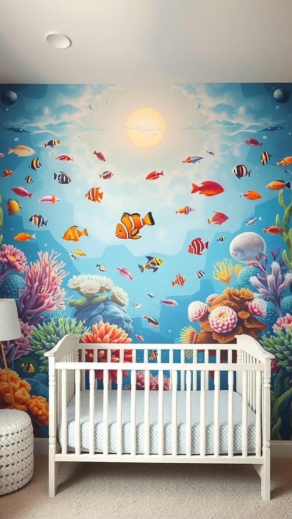 A nursery with an underwater scene mural featuring colorful fish and coral reefs.