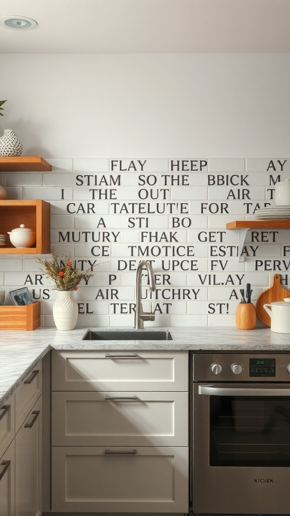 A kitchen with a unique text-based backsplash design featuring white tiles with black lettering.