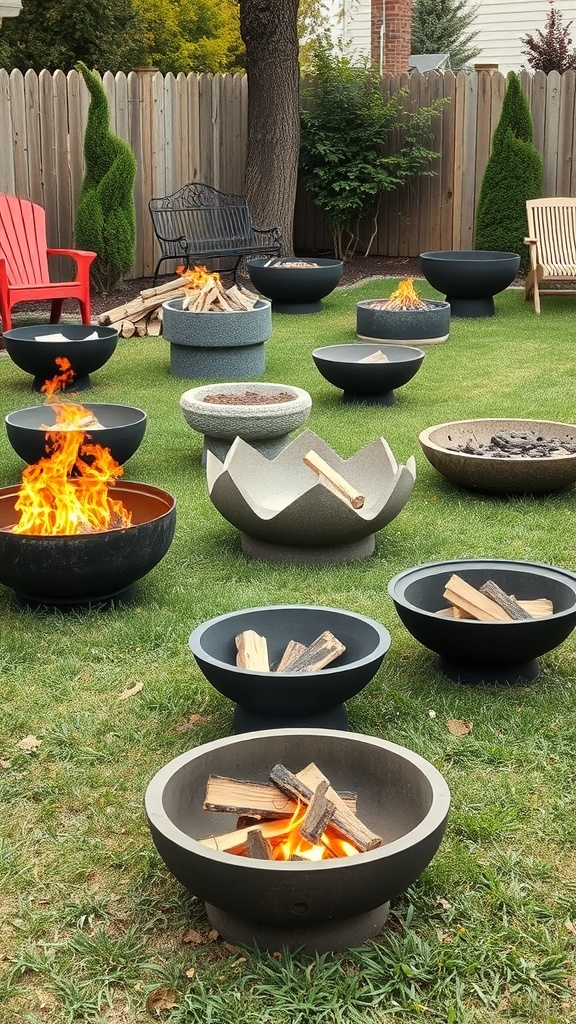 A variety of unique fire pits in a backyard setting, showcasing different shapes and styles.