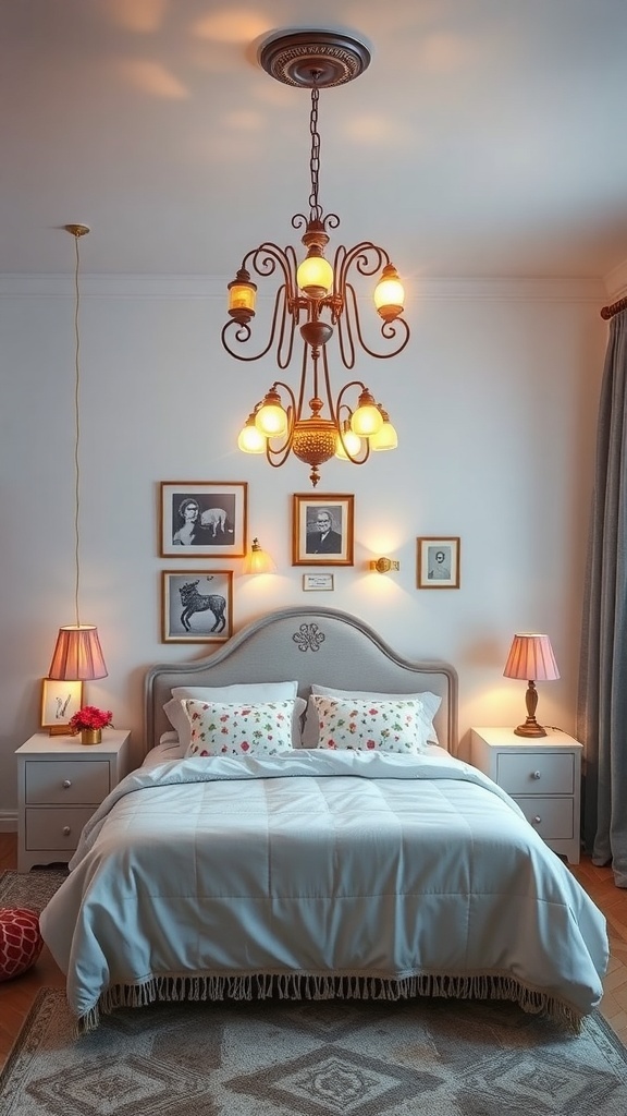 A whimsical bedroom featuring unique lighting fixtures including an ornate chandelier and stylish lamps.