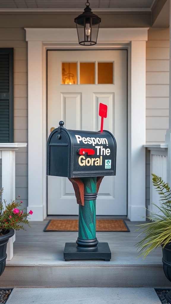 A unique mailbox with a colorful post and personalized nameplate on a front porch.