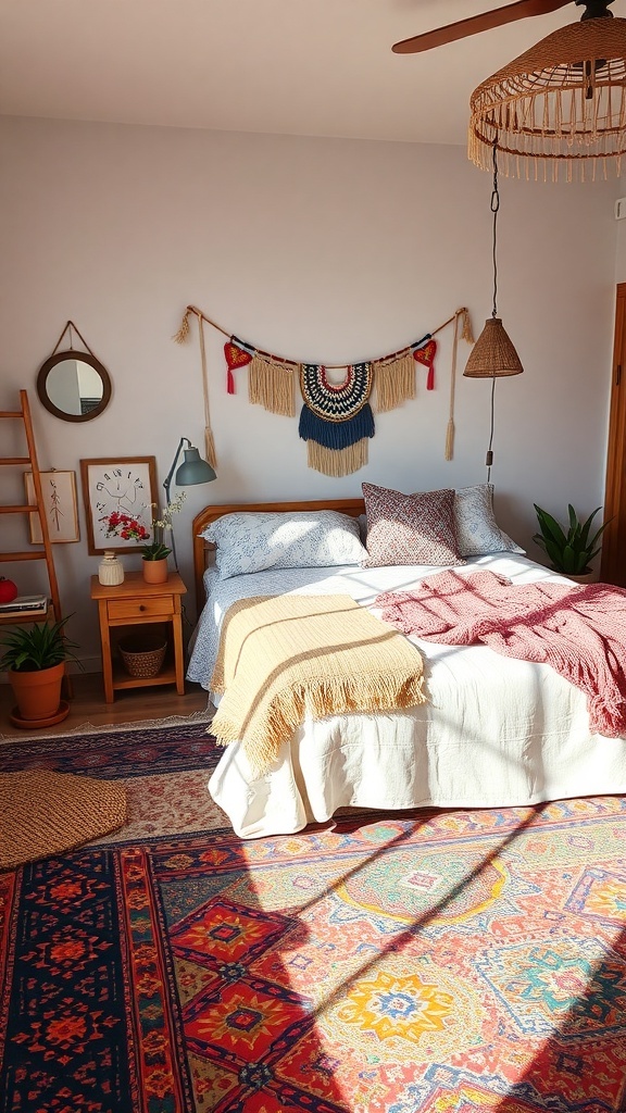 A beautifully decorated boho bedroom featuring unique rugs and vibrant decor.