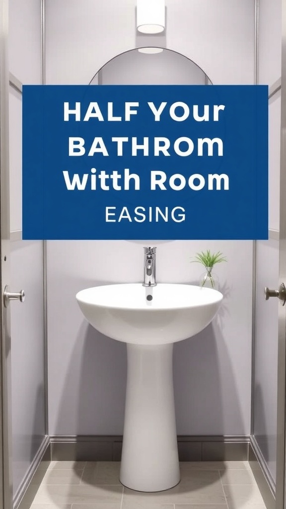A modern pedestal sink in a half bathroom with a small plant on top.