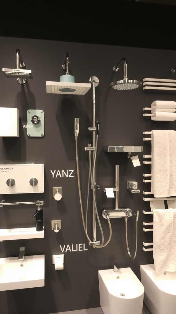 A display of modern bathroom fixtures including faucets, showerheads, and towel racks.